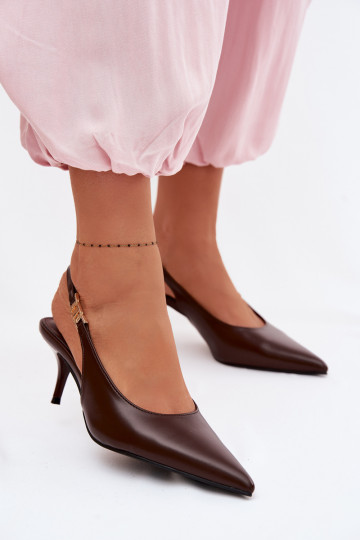 Sandálias de cor chocolate femininas de couro sintético com saltos finos Jelissey 2