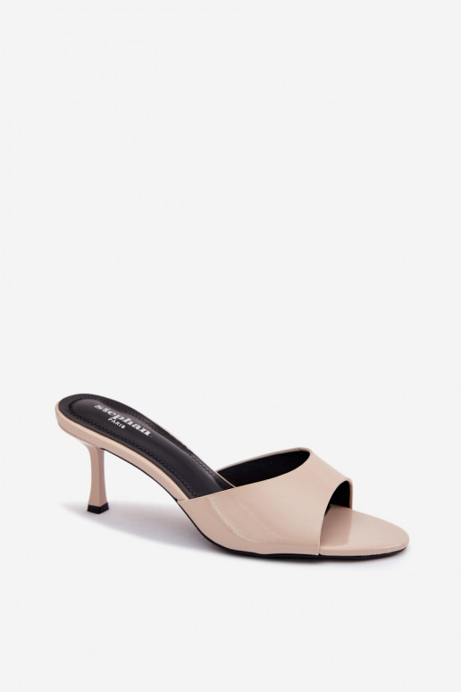 com efeito verniz ChinelosImitacji Skóry com salto fino bege Melissea