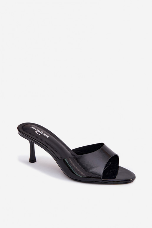 com efeito verniz ChinelosImitacji Skóry com salto fino cor preta Melissea