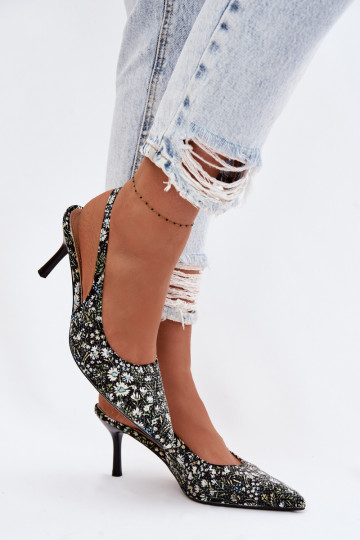 Decorado Sandálias femininas com salto fino com flores cor preta Olivelle