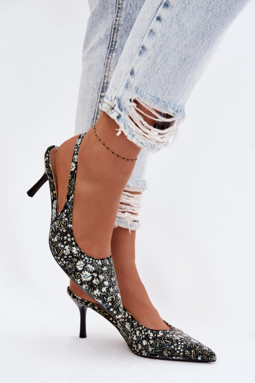 Decorado Sandálias femininas com salto fino com flores cor preta Olivelle