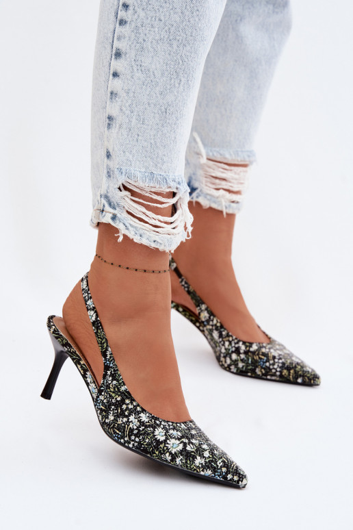 Decorado Sandálias femininas com salto fino com flores cor preta Olivelle