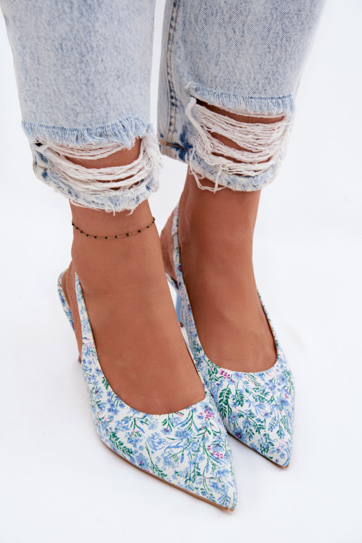 Decorado Sandálias femininas com salto fino com flores cor azul Olivelle