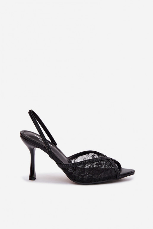 Sandálias femininas com salto fino com renda I Zdobieniem cor preta Melivelle