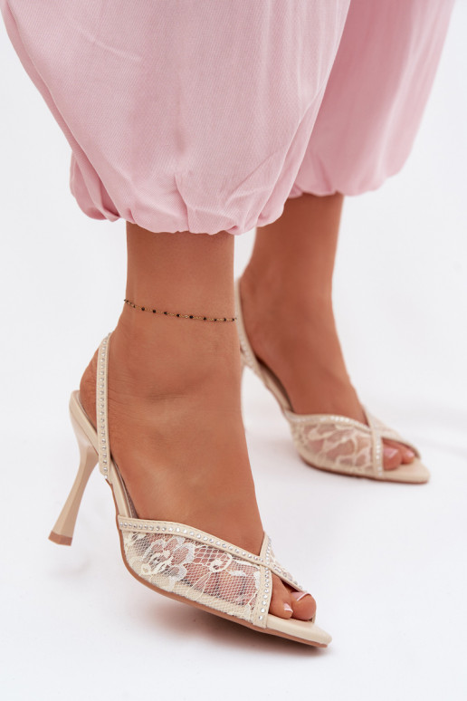 Sandálias femininas com salto fino com renda I Zdobieniem bege Melivelle