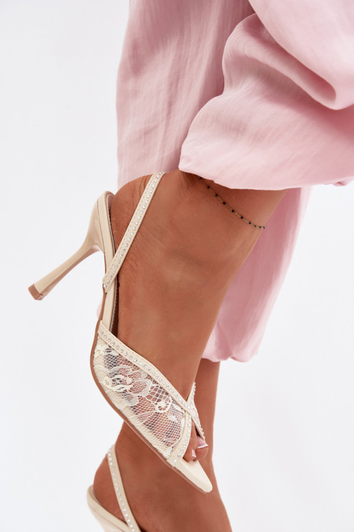 Sandálias femininas com salto fino com renda I Zdobieniem bege Melivelle