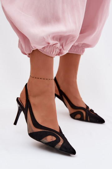 Sandálias femininas com malha com salto fino cor preta Cornelia 2