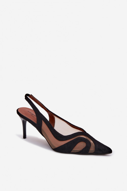 Sandálias femininas com malha com salto fino cor preta Cornelia