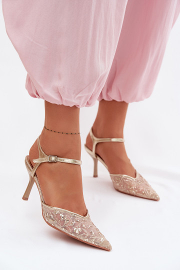 grade Sandálias femininas com salto finocom brilhoującym Zdobieniem cor dourada Laria 2