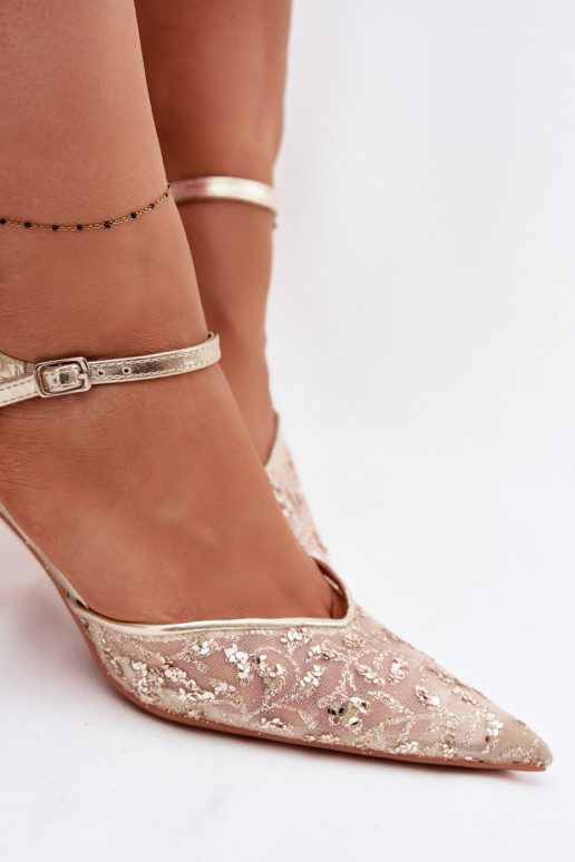 grade Sandálias femininas com salto finocom brilhoującym Zdobieniem cor dourada Laria