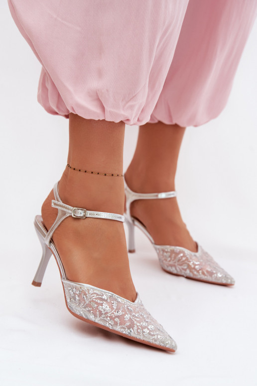 grade Sandálias femininas com salto finocom brilhoującym Zdobieniem cor prata Laria