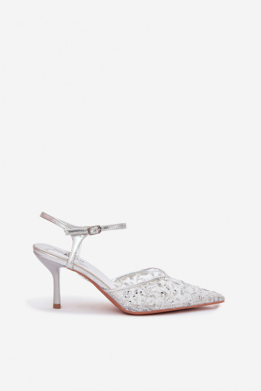 grade Sandálias femininas com salto finocom brilhoującym Zdobieniem cor prata Laria