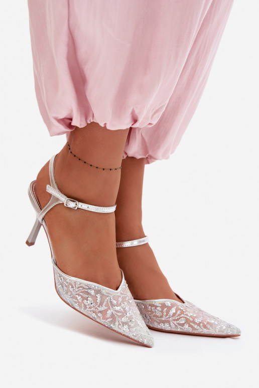 grade Sandálias femininas com salto finocom brilhoującym Zdobieniem cor prata Laria