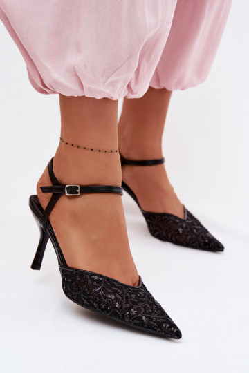 grade Sandálias femininas com salto finocom brilhoującym Zdobieniem cor preta Laria 2