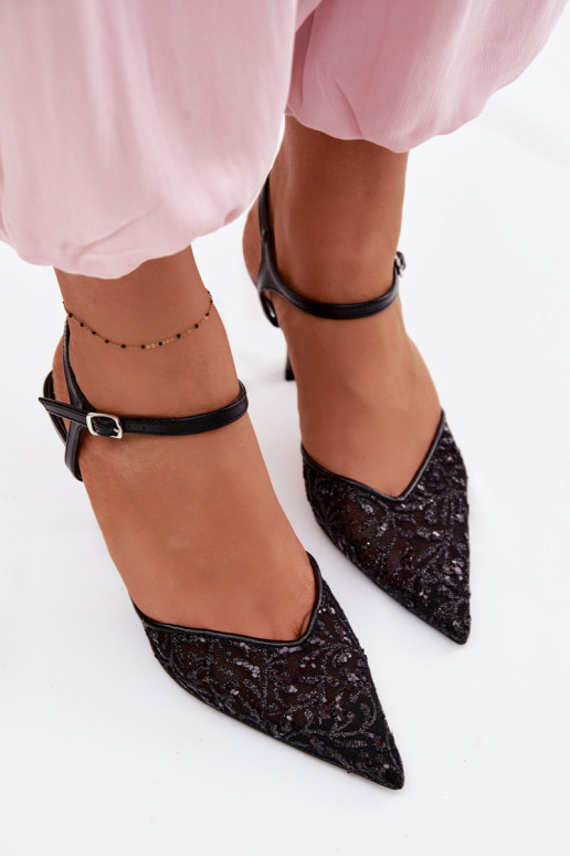 grade Sandálias femininas com salto finocom brilhoującym Zdobieniem cor preta Laria