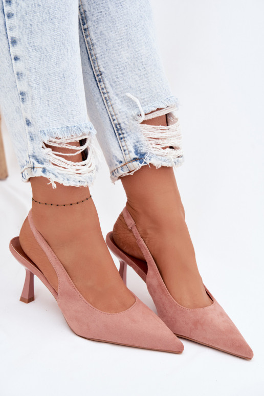 Sandálias femininas com salto finoImitacji de camurçau cor rosa Saria