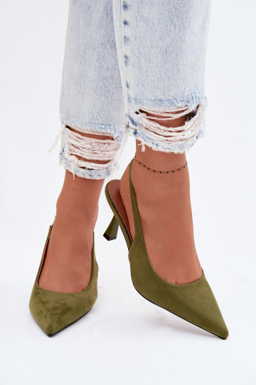 Sandálias femininas com salto finoImitacji de camurçau cor verde Saria