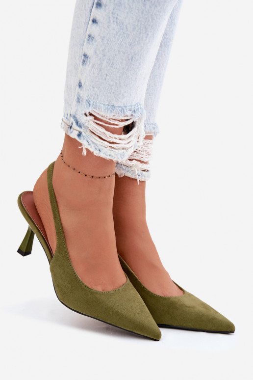 Sandálias femininas com salto finoImitacji de camurçau cor verde Saria