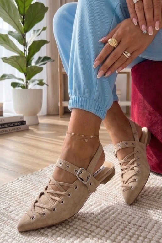 Beżowe Balerinki Z Odkrytą Piętą...