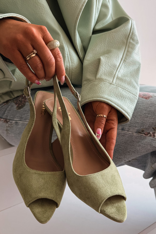 Sandálias femininas com saltos finos de camurça sintética verdes Sevina