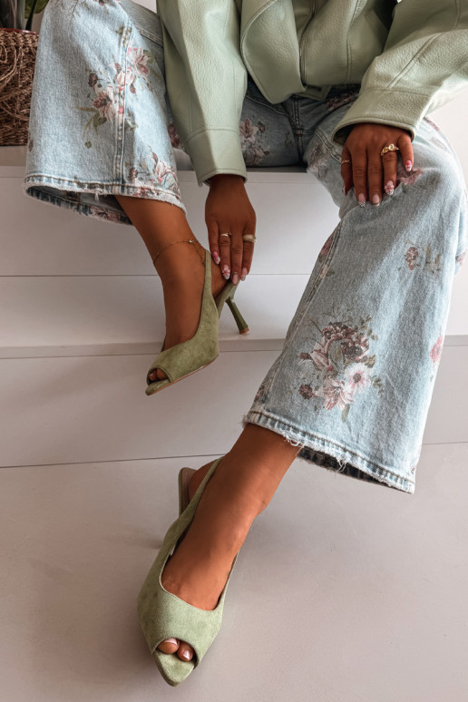 Sandálias femininas com saltos finos de camurça sintética verdes Sevina