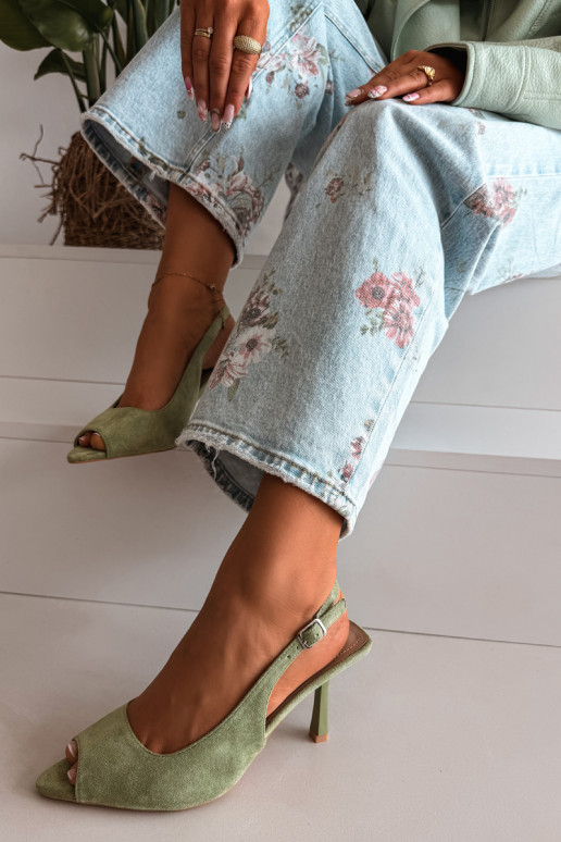 Sandálias femininas com saltos finos de camurça sintética verdes Sevina