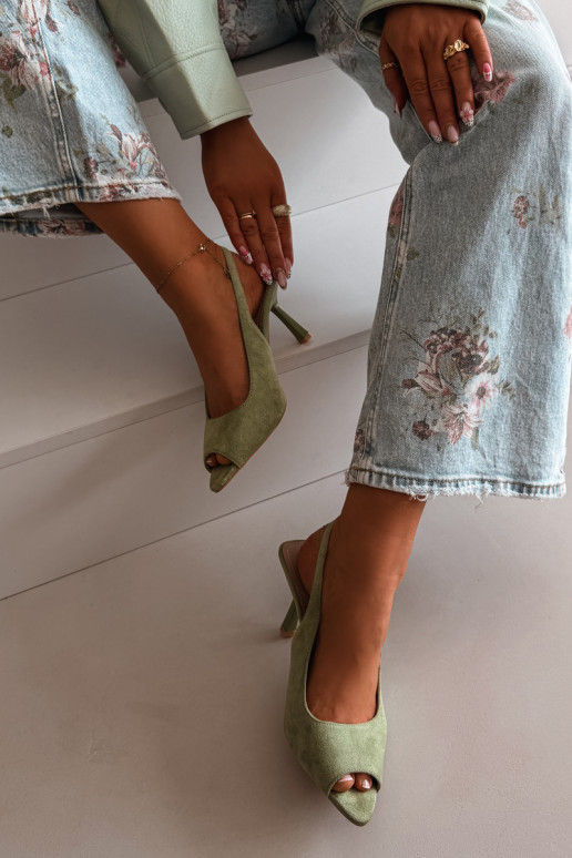 Sandálias femininas com saltos finos de camurça sintética verdes Sevina