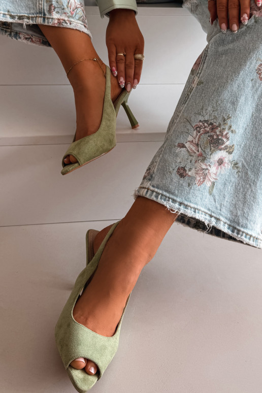 Sandálias femininas com saltos finos de camurça sintética verdes Sevina