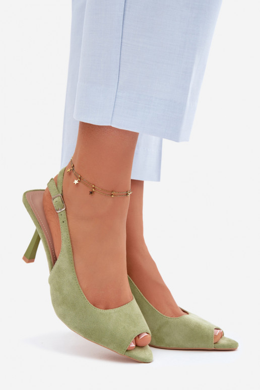 Sandálias femininas com saltos finos de camurça sintética verdes Sevina