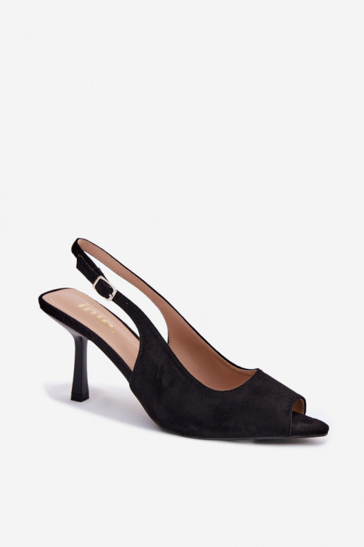 Sandálias femininas com saltos finos de camurça sintética pretas Sevina