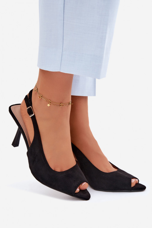 Sandálias femininas com saltos finos de camurça sintética pretas Sevina