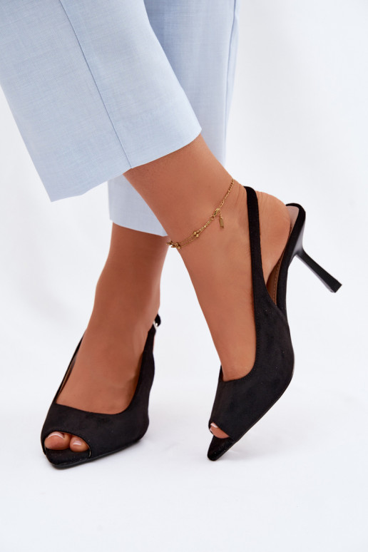 Sandálias femininas com saltos finos de camurça sintética pretas Sevina