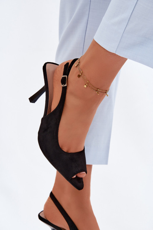 Sandálias femininas com saltos finos de camurça sintética pretas Sevina