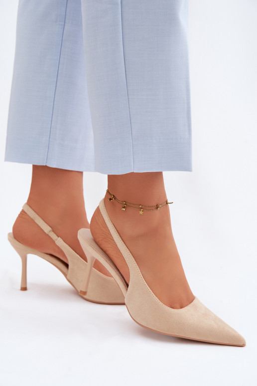 Sandálias femininas com saltos finos de camurça sintética cor de areia Kevina