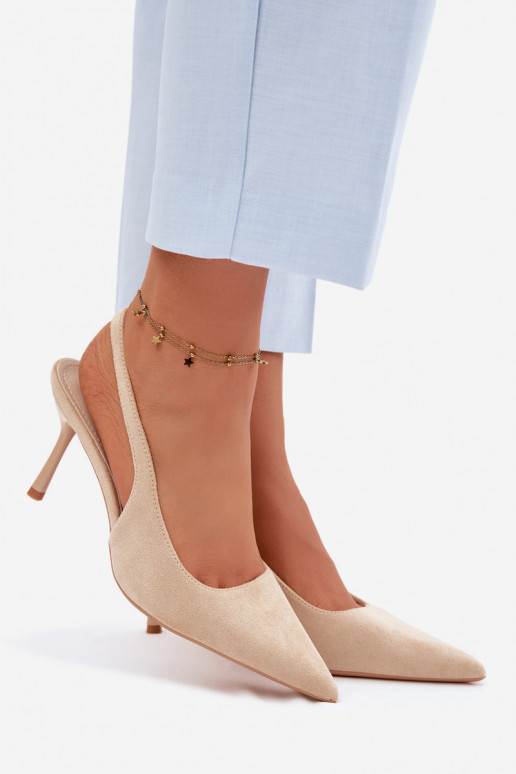 Sandálias femininas com saltos finos de camurça sintética cor de areia Kevina