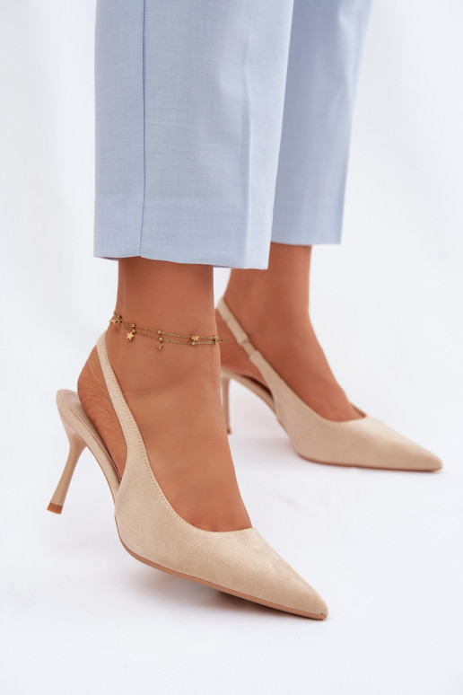 Sandálias femininas com saltos finos de camurça sintética cor de areia Kevina