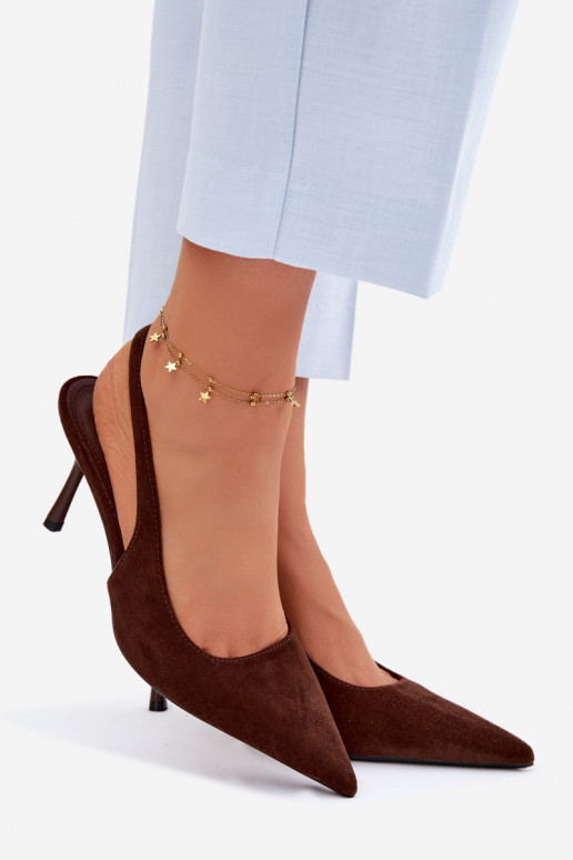 Sandálias femininas com saltos finos de camurça sintética cor de chocolate Kevina