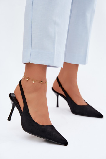 Sandálias femininas com saltos finos de camurça sintética pretas Kevina