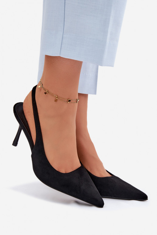 Sandálias femininas com saltos finos de camurça sintética pretas Kevina