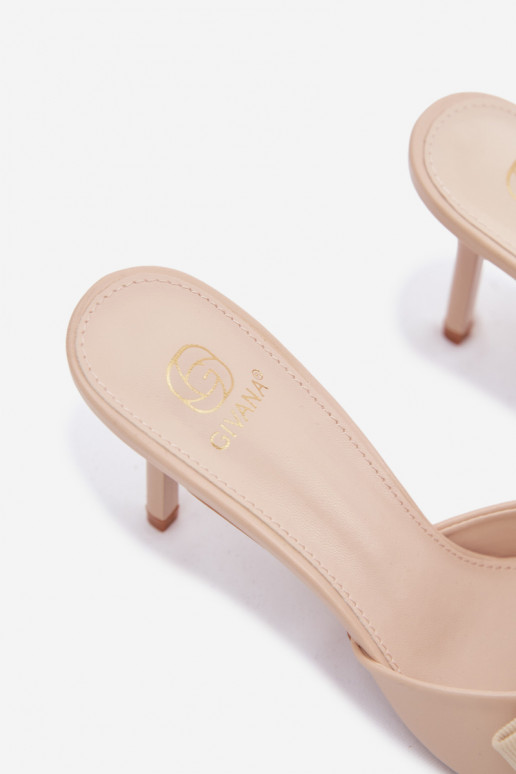 Chinelos femininos com saltos finos e laços na cor areia Jelessa