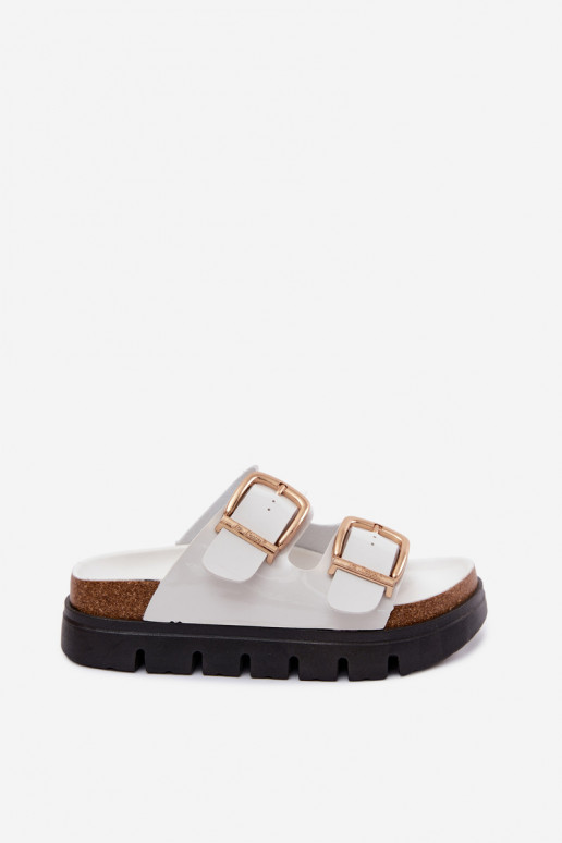 com efeito verniz Chinelos femininos com uma plataforma Ze cor douradami com fivelasmi Lee Cooper LCEM-26-35-4460L cor branca