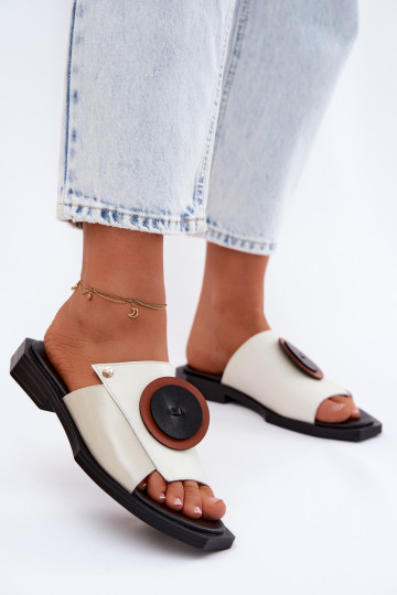 Chinelos de couro Feminino desenho geométrico Tem que serciejka K7479-01 bege-cor preta