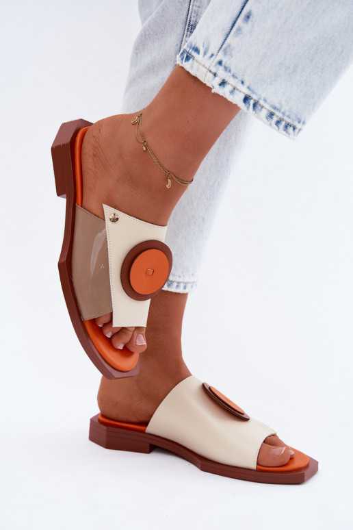 Chinelos de couro femininos nas cores areia e laranja com design geométrico Tai turiciejka K7479-18