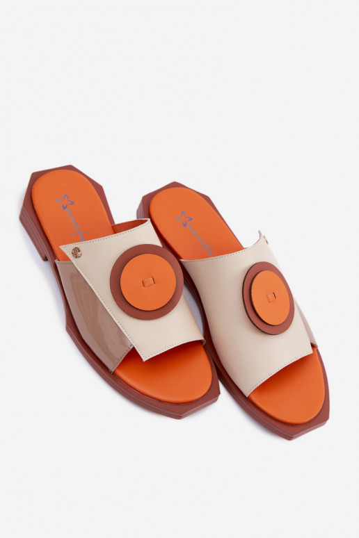 Chinelos de couro femininos nas cores areia e laranja com design geométrico Tai turiciejka K7479-18