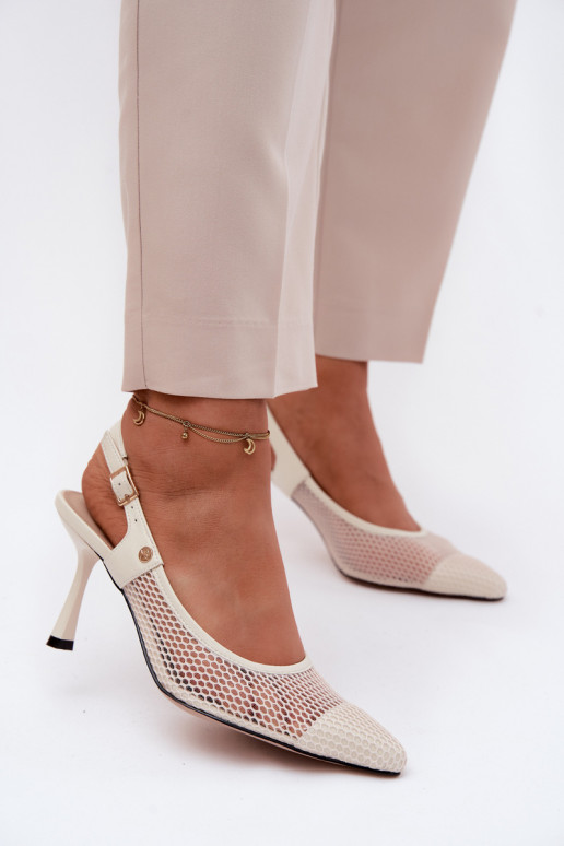 Pele Sandálias perfuradas Sapato Feminino com salto fino Tem que serciejka K7507-22 cor de marfim