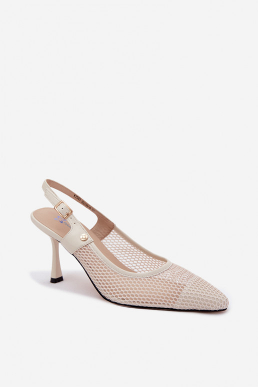 Pele Sandálias perfuradas Sapato Feminino com salto fino Tem que serciejka K7507-22 cor de marfim