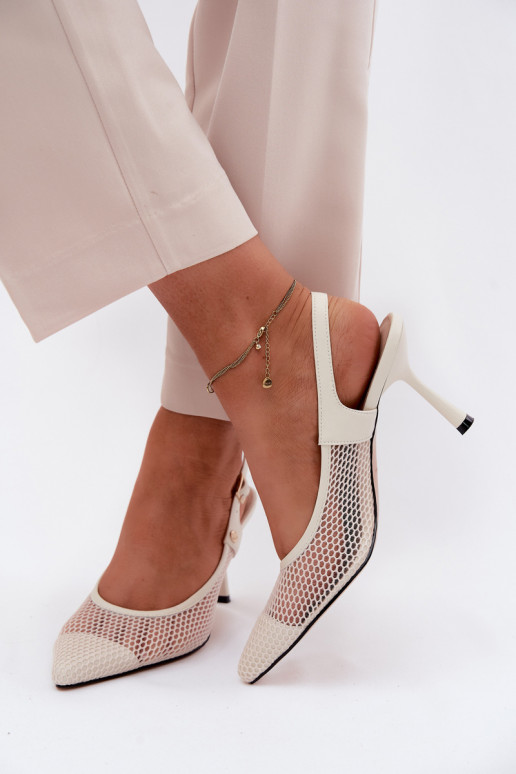 Pele Sandálias perfuradas Sapato Feminino com salto fino Tem que serciejka K7507-22 cor de marfim