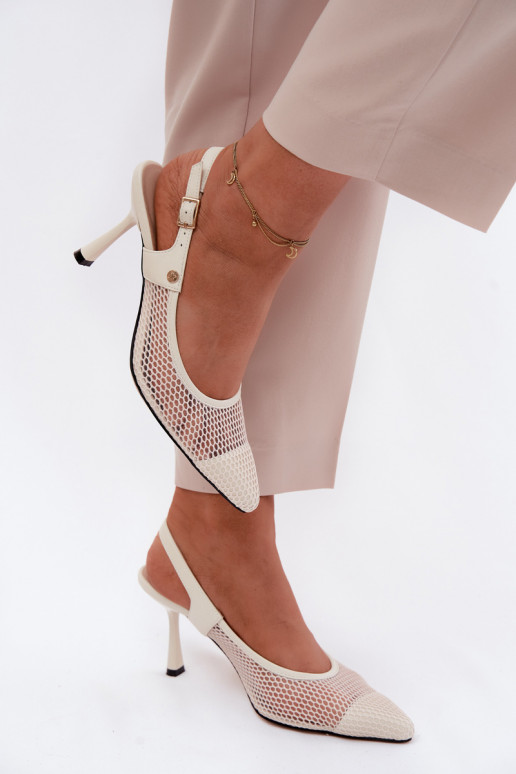 Pele Sandálias perfuradas Sapato Feminino com salto fino Tem que serciejka K7507-22 cor de marfim