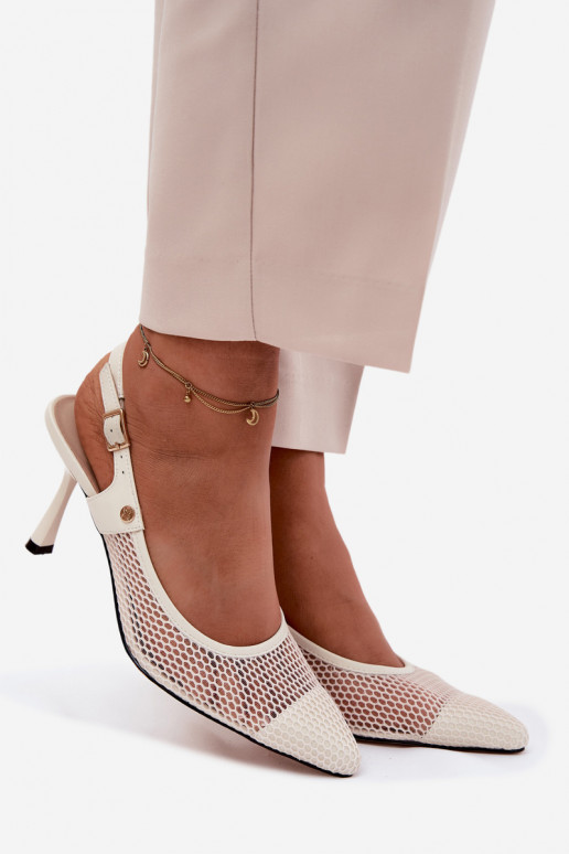 Pele Sandálias perfuradas Sapato Feminino com salto fino Tem que serciejka K7507-22 cor de marfim