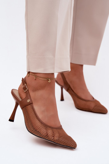 Pele Sandálias perfuradas Sapato Feminino com salto fino Tem que serciejka K7507-29 cor marrom